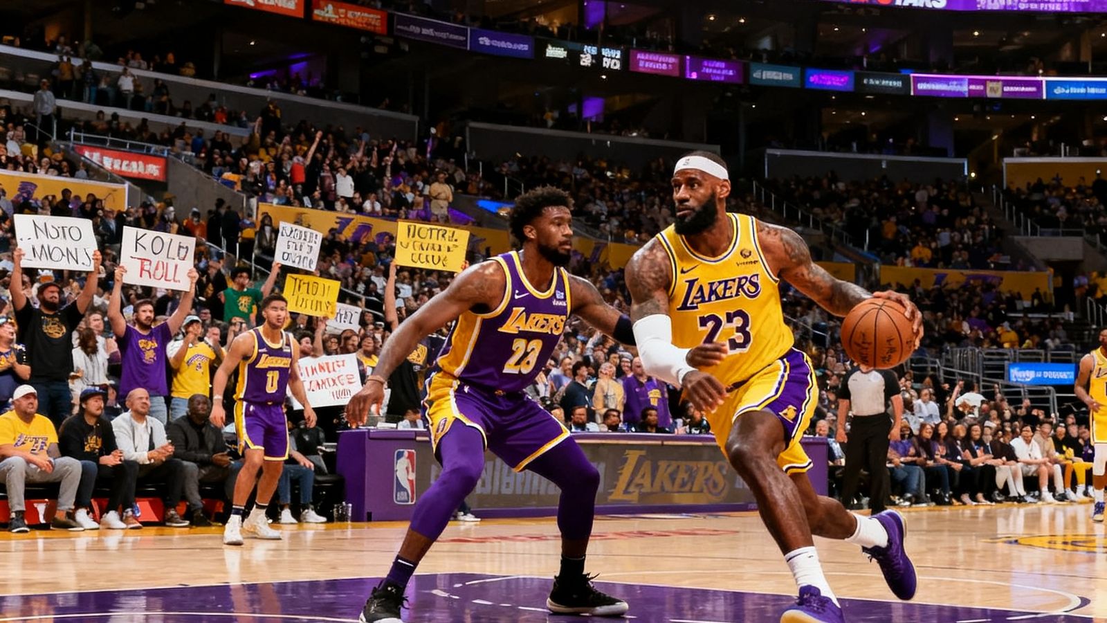 NBA季后赛高清直播画面，洛杉矶湖人主场斯台普斯中心紫金色灯光璀璨，詹姆斯持球突破内线，观众席上球迷举着标语牌热情呐喊。